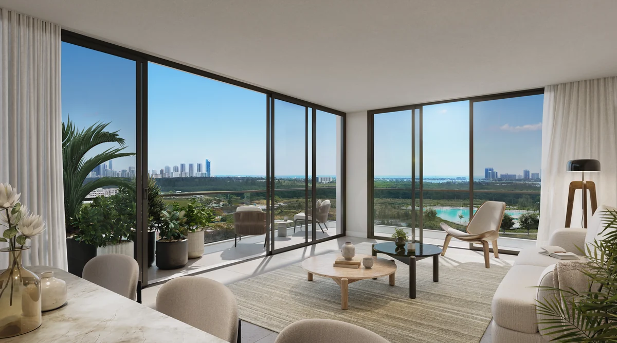 Visualización del interior residencial con sala y comedor