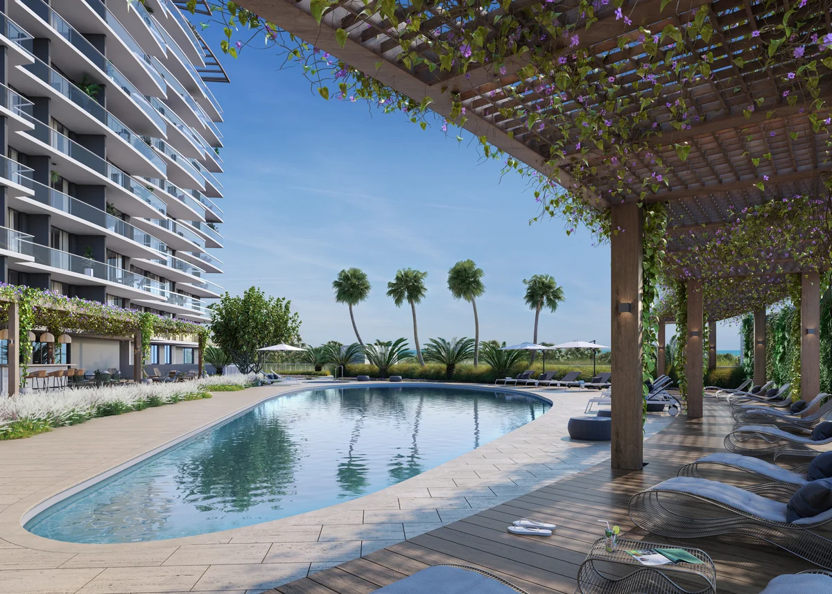 Terraza de piscina y áreas de descanso exteriores